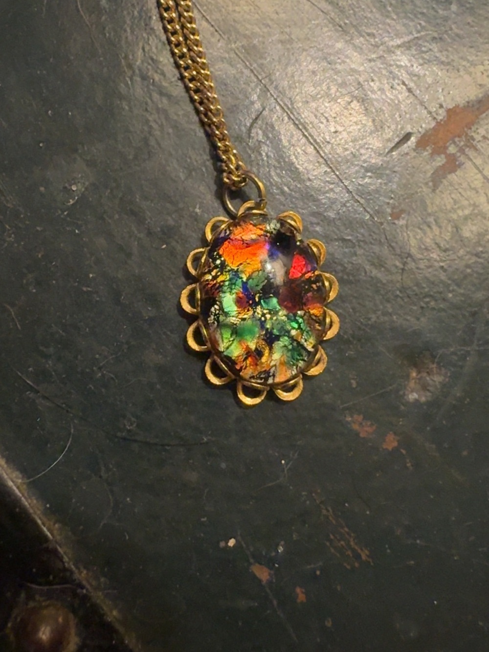 Gold Tone Multicolor Glass Pendant Necklace